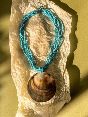 Vintage 1960s Turquoise Beaded Necklace With Mother of Pearl Shell